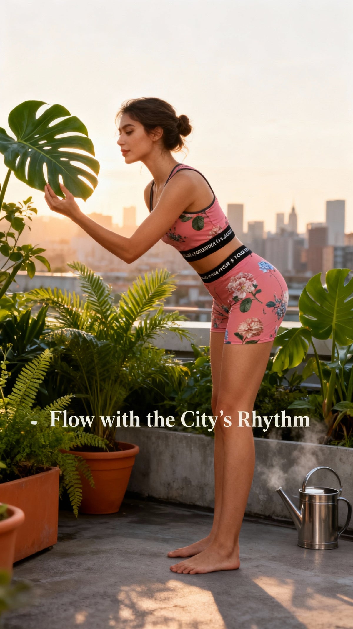 Vibrant pink yoga set with floral patterns worn by a model, featuring a fitted crop top and high-waisted shorts.