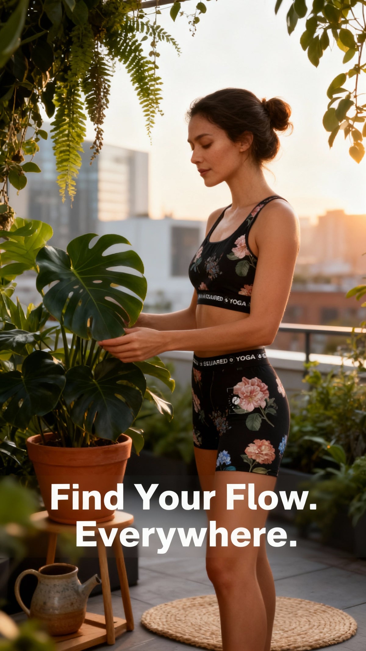 Floral-patterned black yoga set featuring a crop top and high-waisted shorts, worn by a model in a sunlit outdoor space.