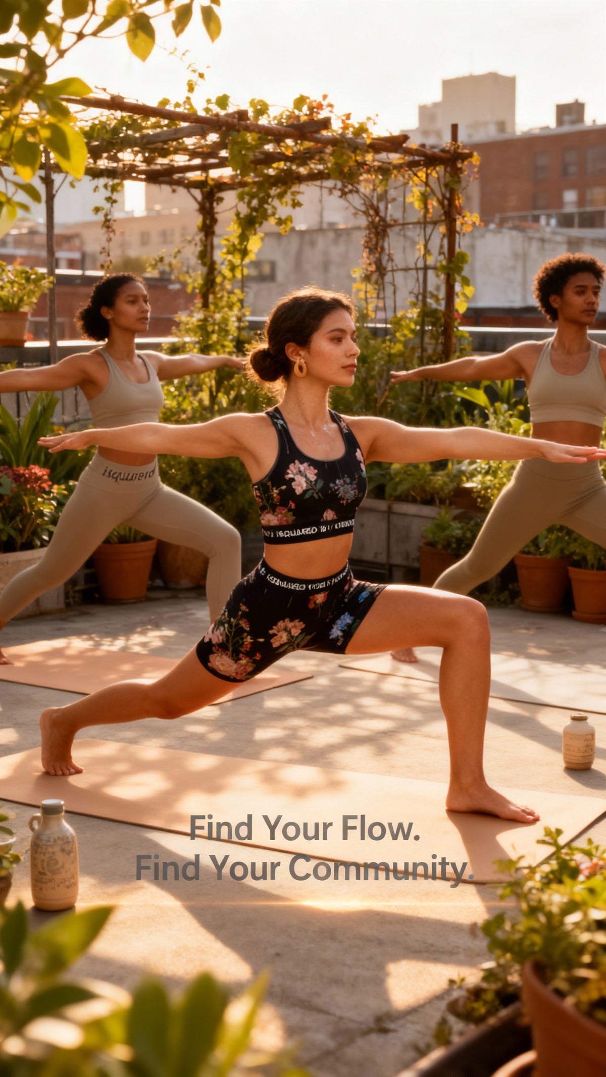Botanicals iSquared Yoga Set features a black crop top with floral design and matching high-waisted shorts, worn during a yoga pose.