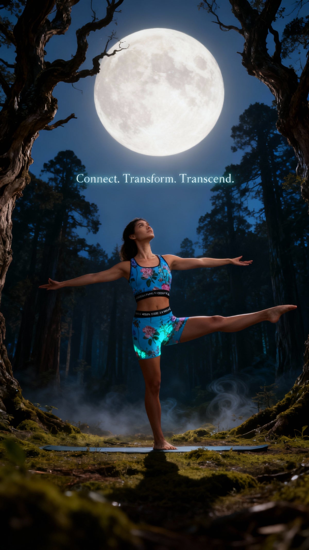 Vibrant blue yoga set with floral design, featuring a fitted crop top and high-waisted shorts, worn during a yoga pose.
