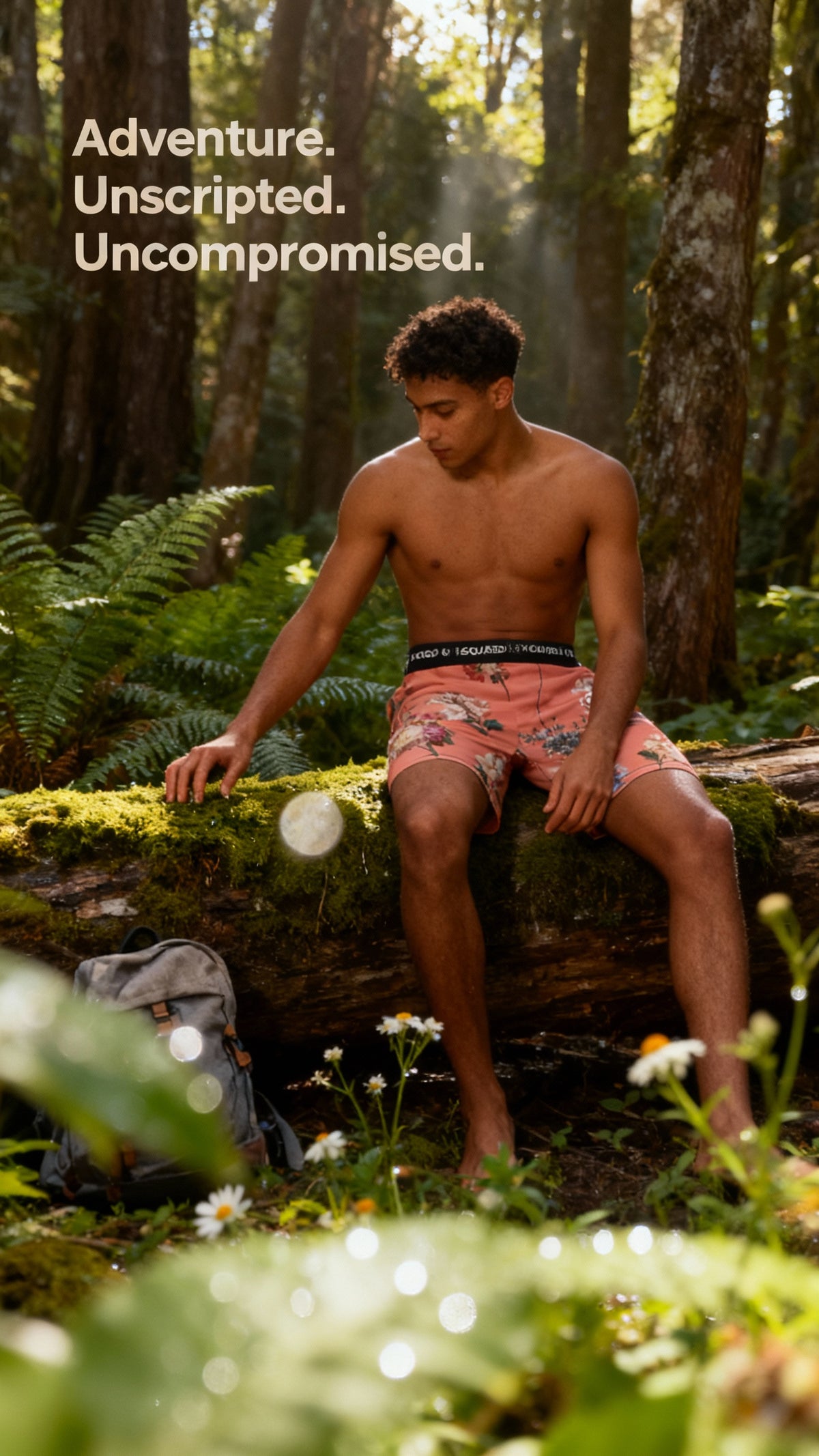 Unisex iSquared Yoga Shorts in vibrant coral with floral patterns, worn by a model sitting on a log in a forest.