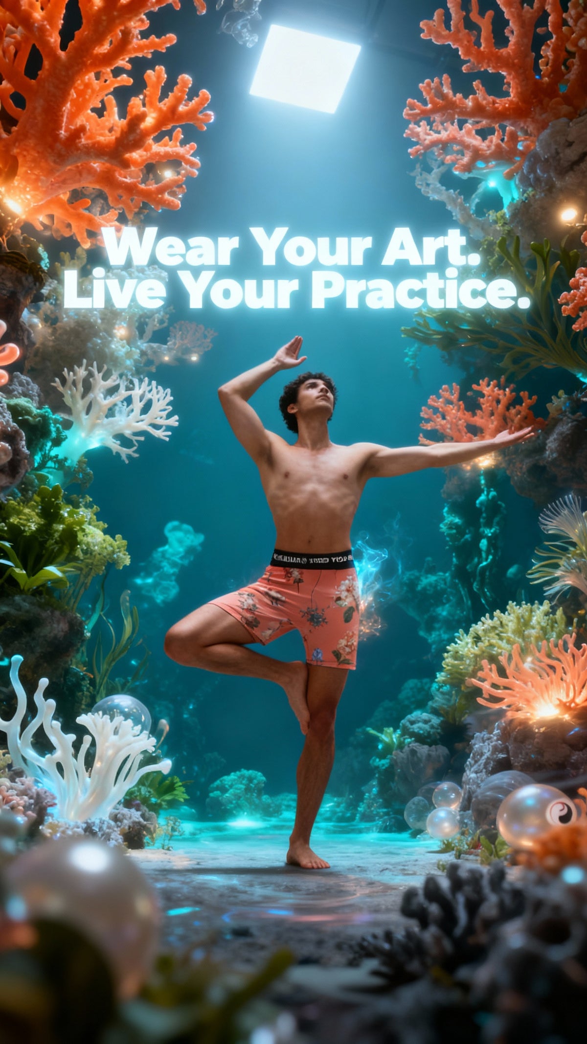 Vibrant coral iSquared Yoga Shorts with a botanical print, modeled by a man showcasing a yoga pose in an underwater setting.