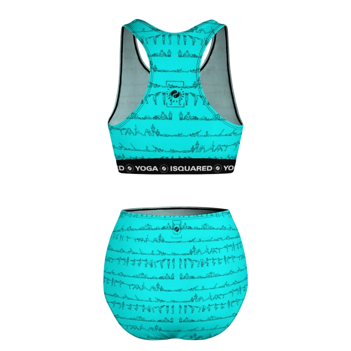 Neon turquoise bikini set featuring an all-over print of Bikram yoga poses, with a racerback sports bra and high-waisted bottoms.