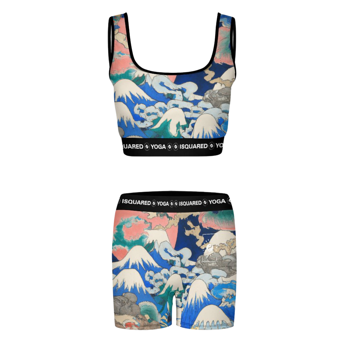 Colorful iSquared Yoga Set featuring a scoop neck crop top and matching shorts with mountain print.