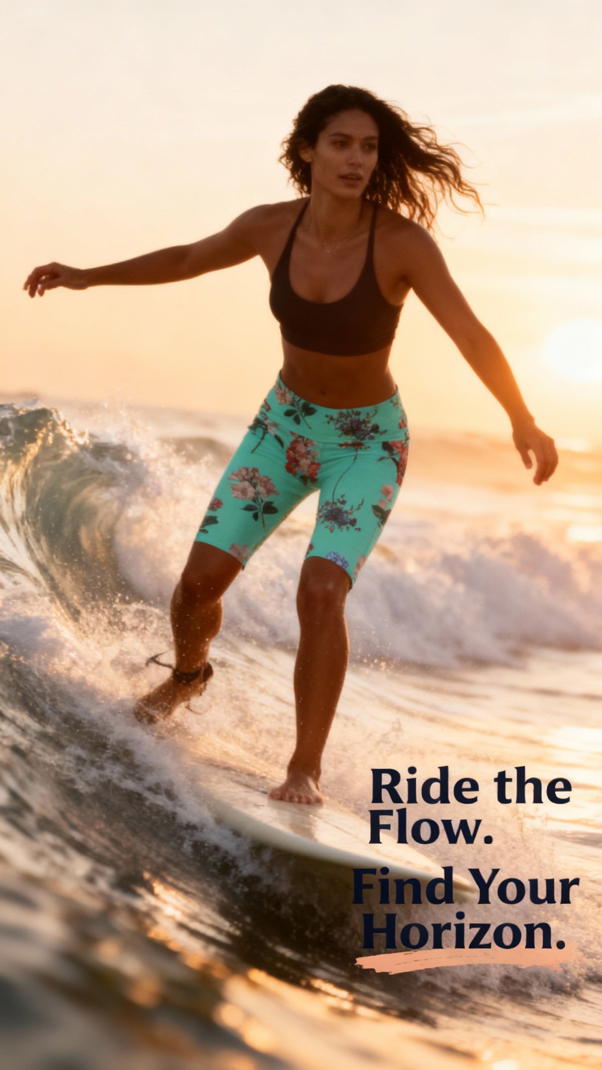 High-waisted turquoise shorts with floral pattern, worn by a model surfing, showcasing a mid-thigh biker length.