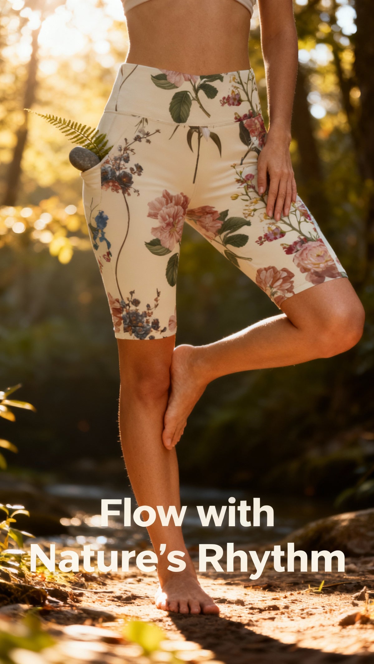 High-waisted, floral-patterned iSquared Maureen Shorts in cream, worn by a model in a natural setting, with pockets.