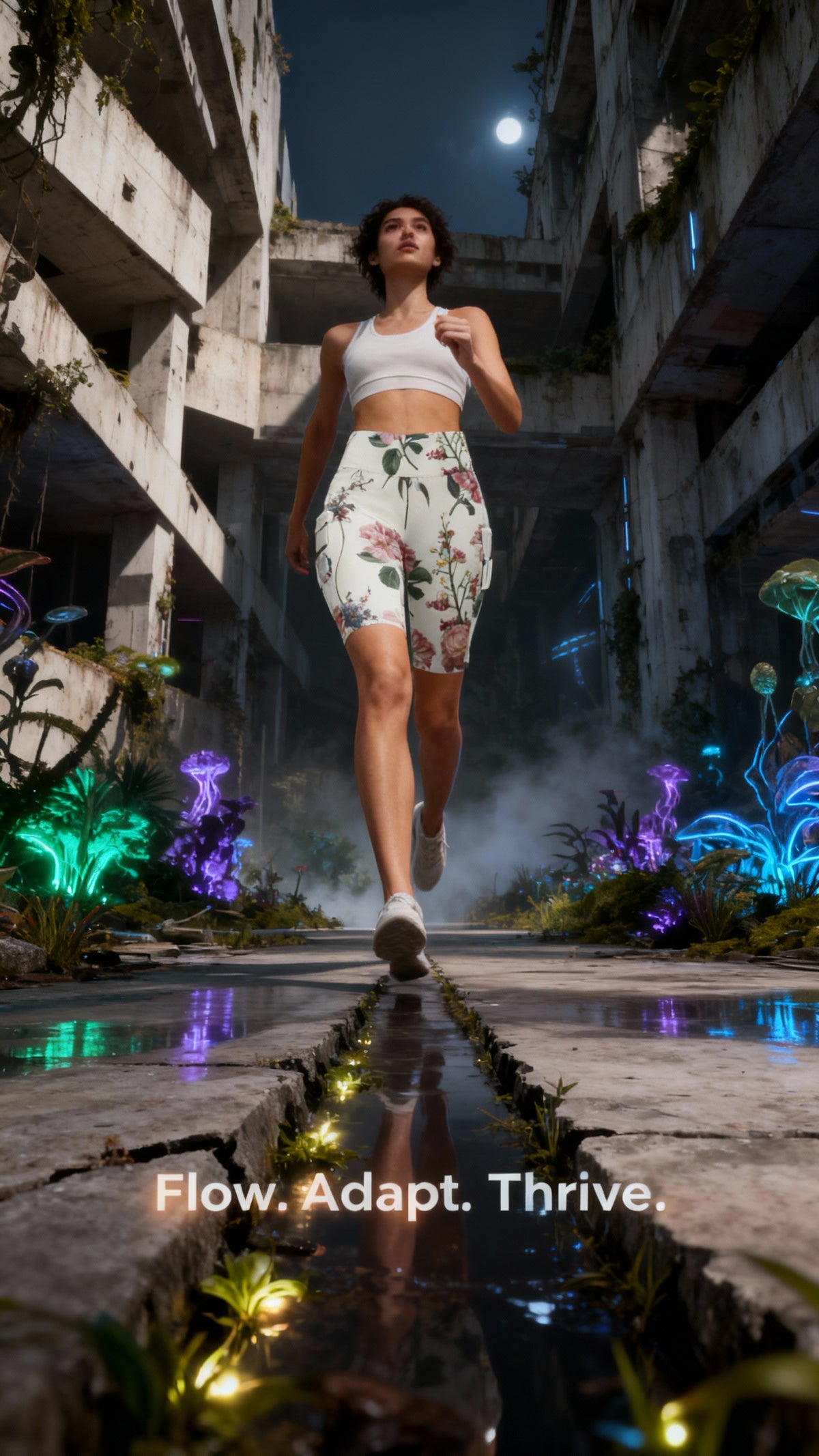 High-waisted, floral-patterned iSquared Maureen Shorts in white, worn by a model running in a vibrant, lush environment.