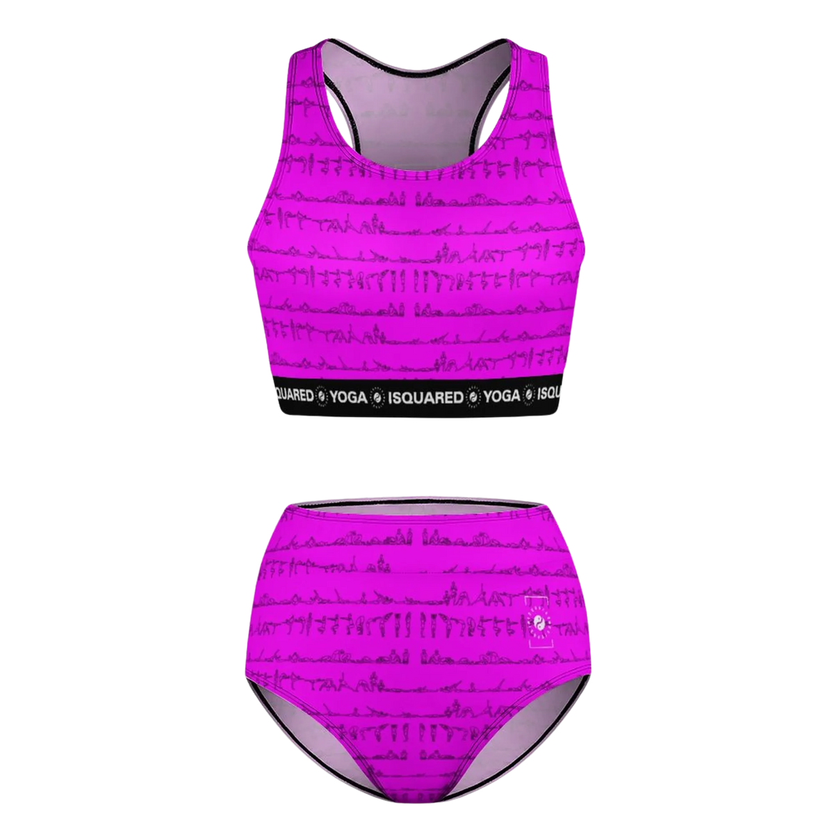 Bright pink bikini set featuring a crop top and high-waisted bottoms adorned with black yoga pose illustrations.