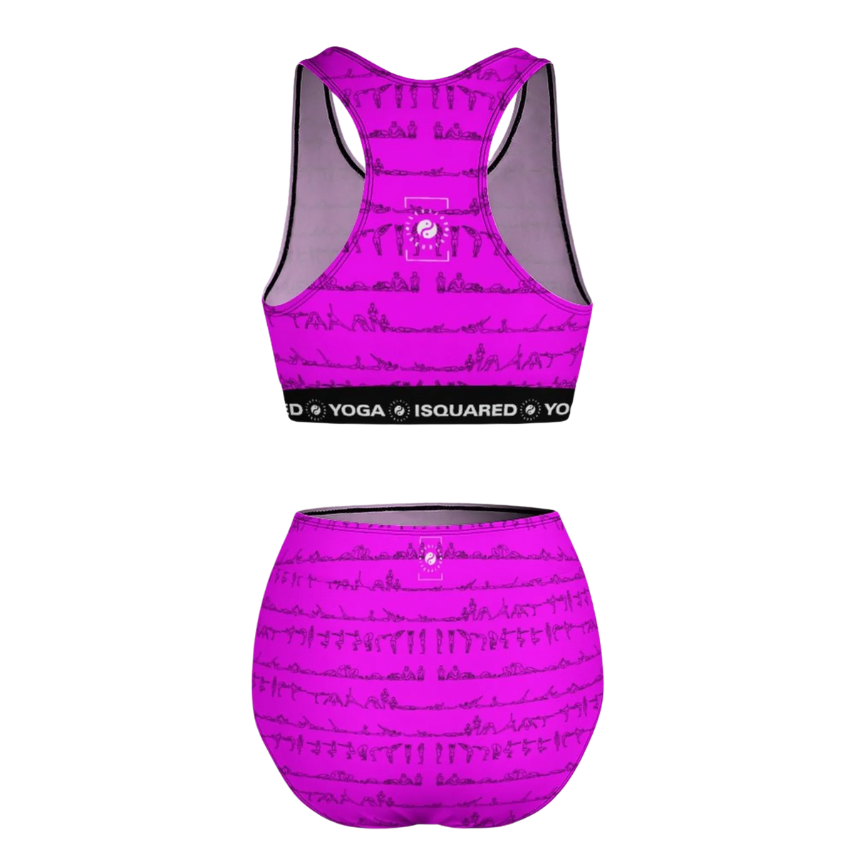 Bright pink Bikram Series Hot Yoga Bikini Set featuring an all-over yoga pose pattern, with a black logo waistband on both top and bottom.