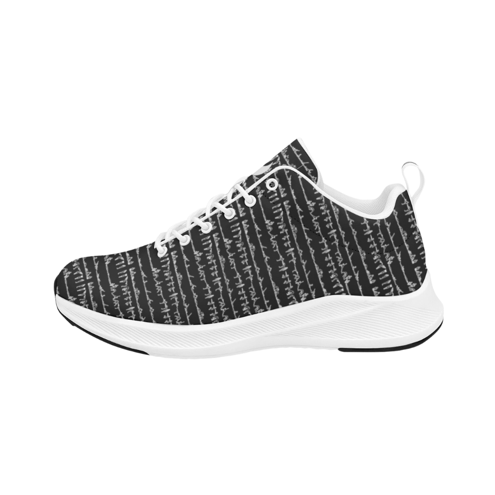 Bikram Ember iSquared Men Runners featuring a black and white line pattern, with a white outsole and laces.