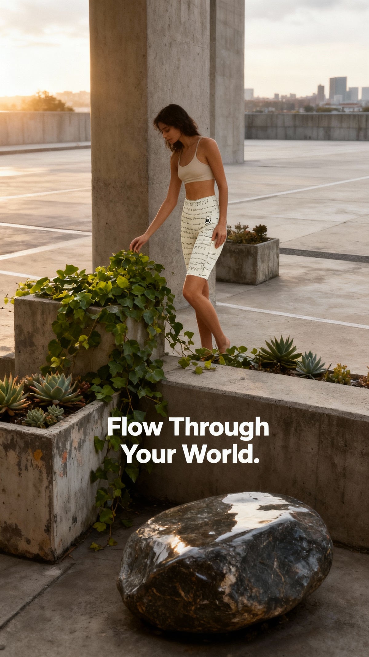 High-waisted white biker shorts featuring a unique Bikram yoga print, styled with a simple beige crop top.