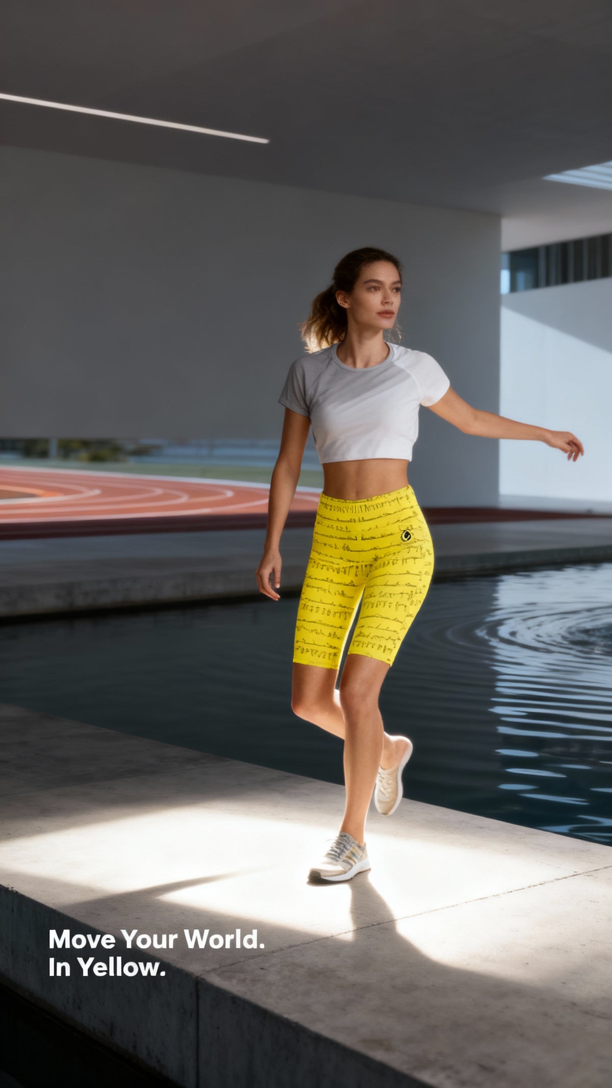 High-waisted yellow biker shorts with a printed design, paired with a cropped gray top, worn by a model in a modern setting.