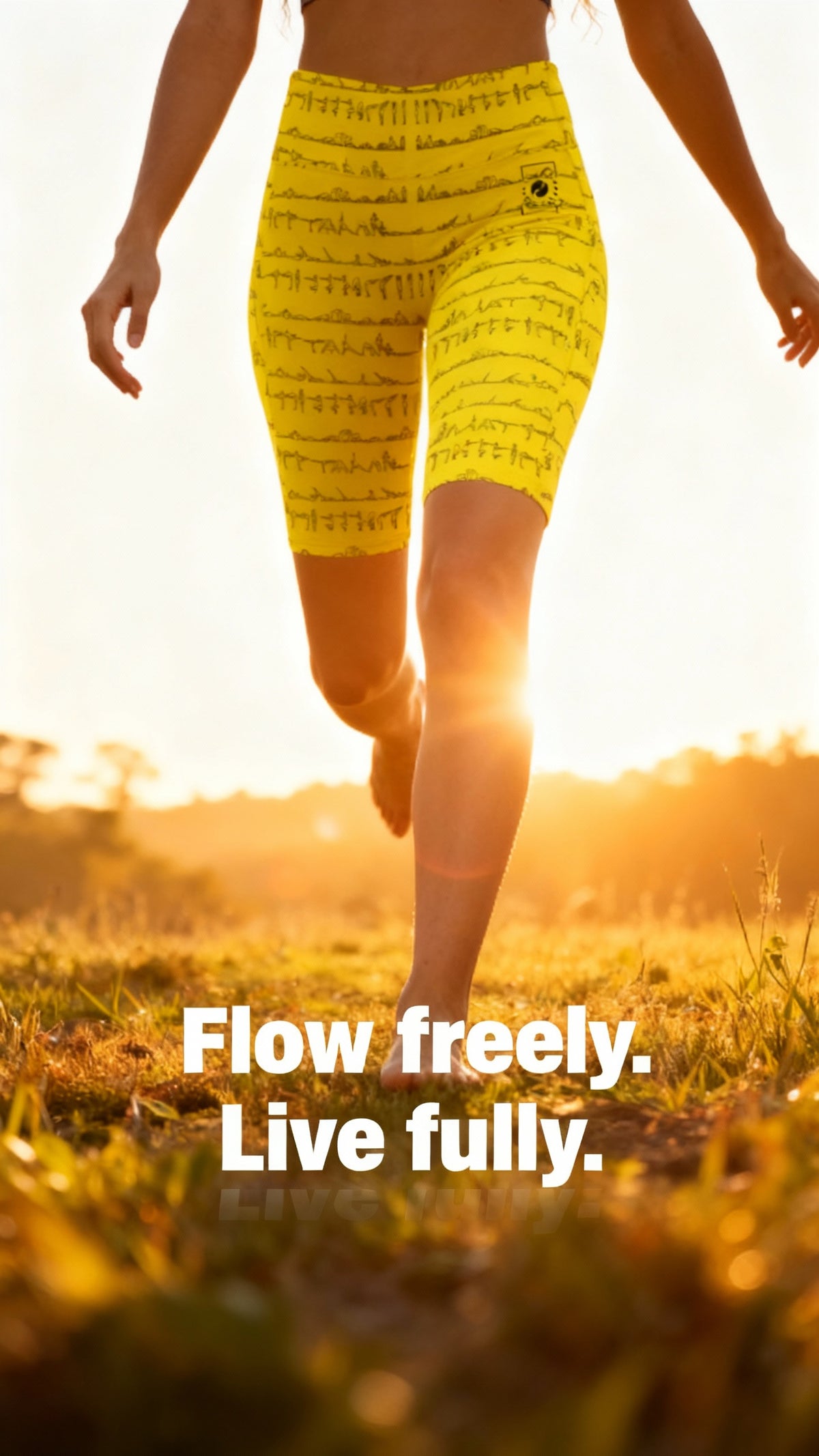 High-waisted yellow Bikram Series iSquared Maureen Shorts with a yoga pose print, worn while walking outdoors in sunlight.