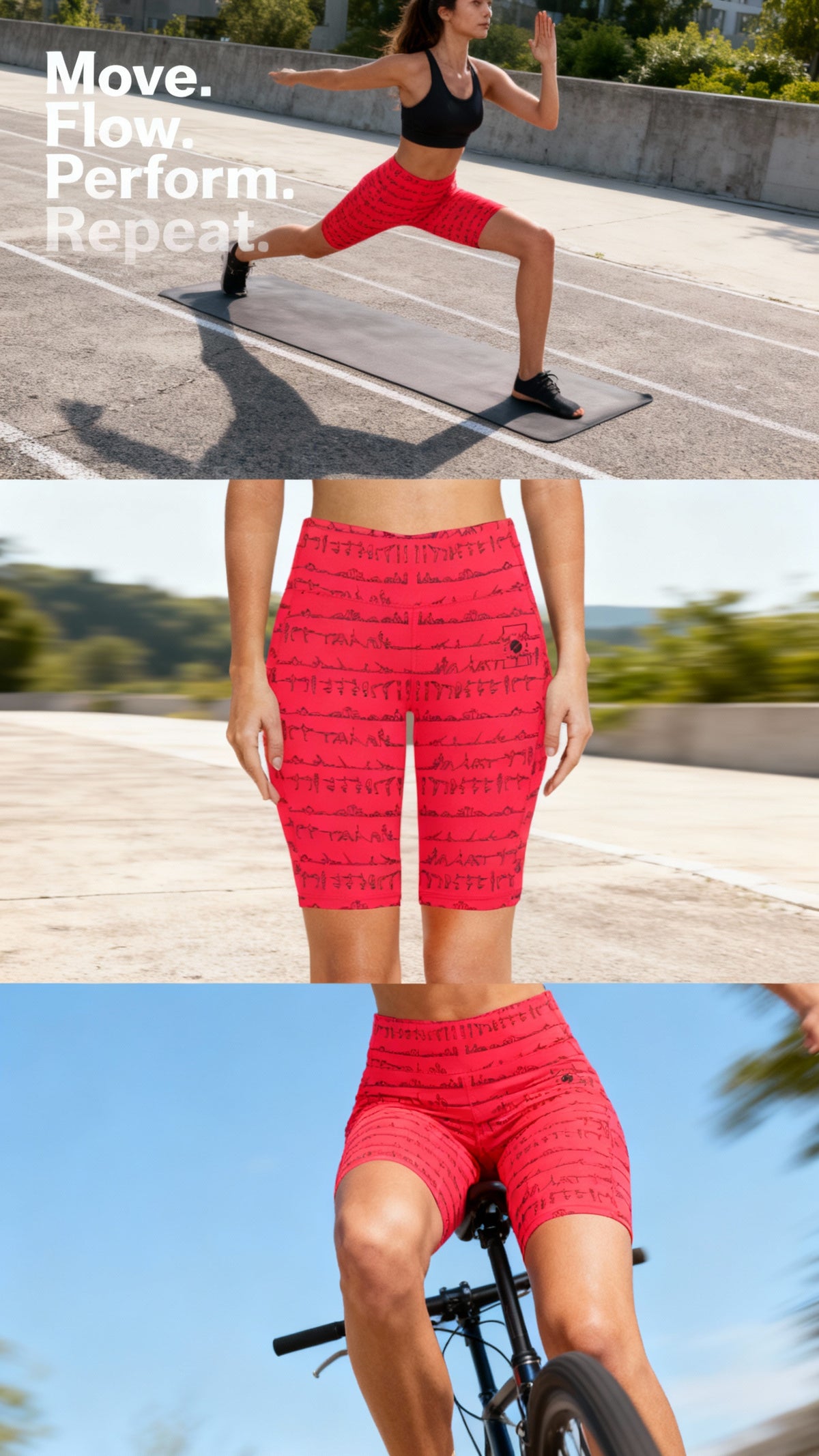 High-waisted red biker shorts with a repeated Bikram yoga pose print, styled for active movement and comfort.