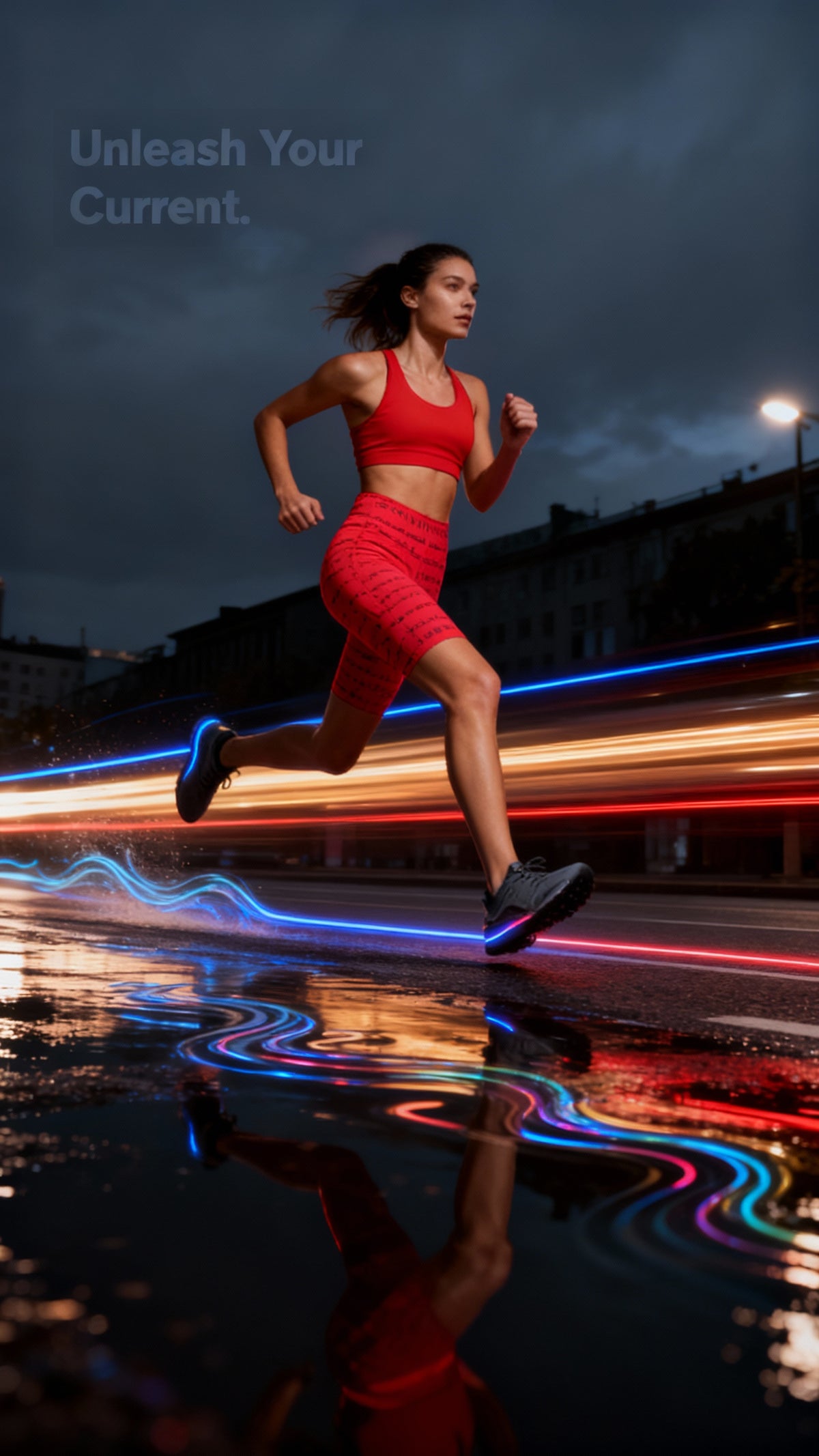 High-waisted red Bikram Series Maureen Shorts worn by a model running, showcasing a sleek fit and performance fabric.