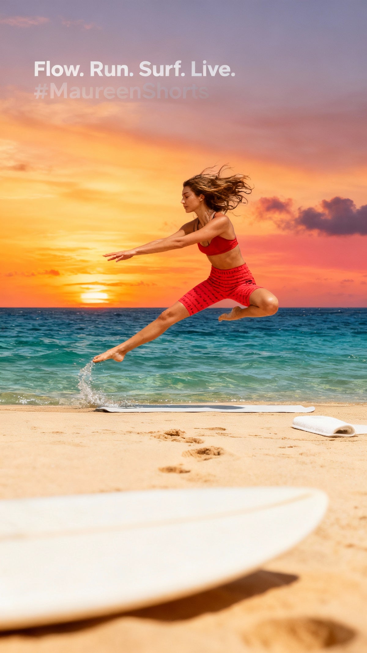 High-waisted red biker shorts with a stretchy fabric, shown on a model jumping on the beach at sunset.
