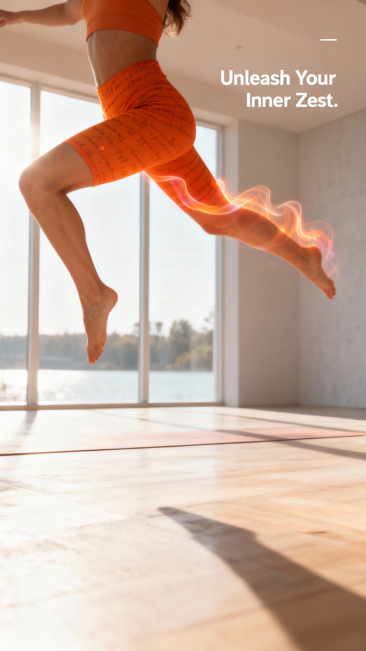 High-waisted orange biker shorts with a textured print, worn by a model leaping barefoot in a bright studio.