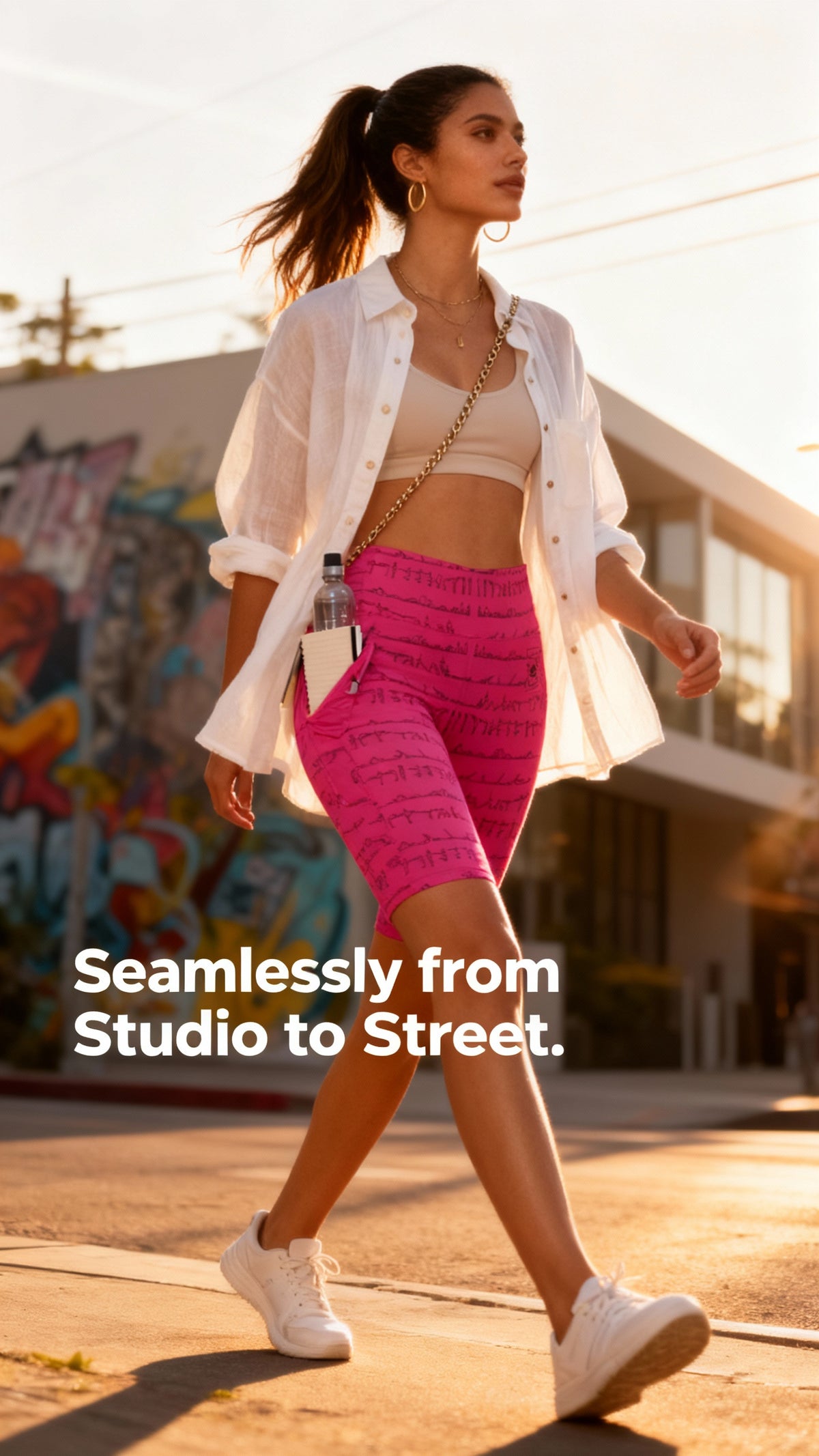 High-waisted biker shorts in vibrant pink with a unique pattern, paired with a beige crop top and a light button-up shirt.