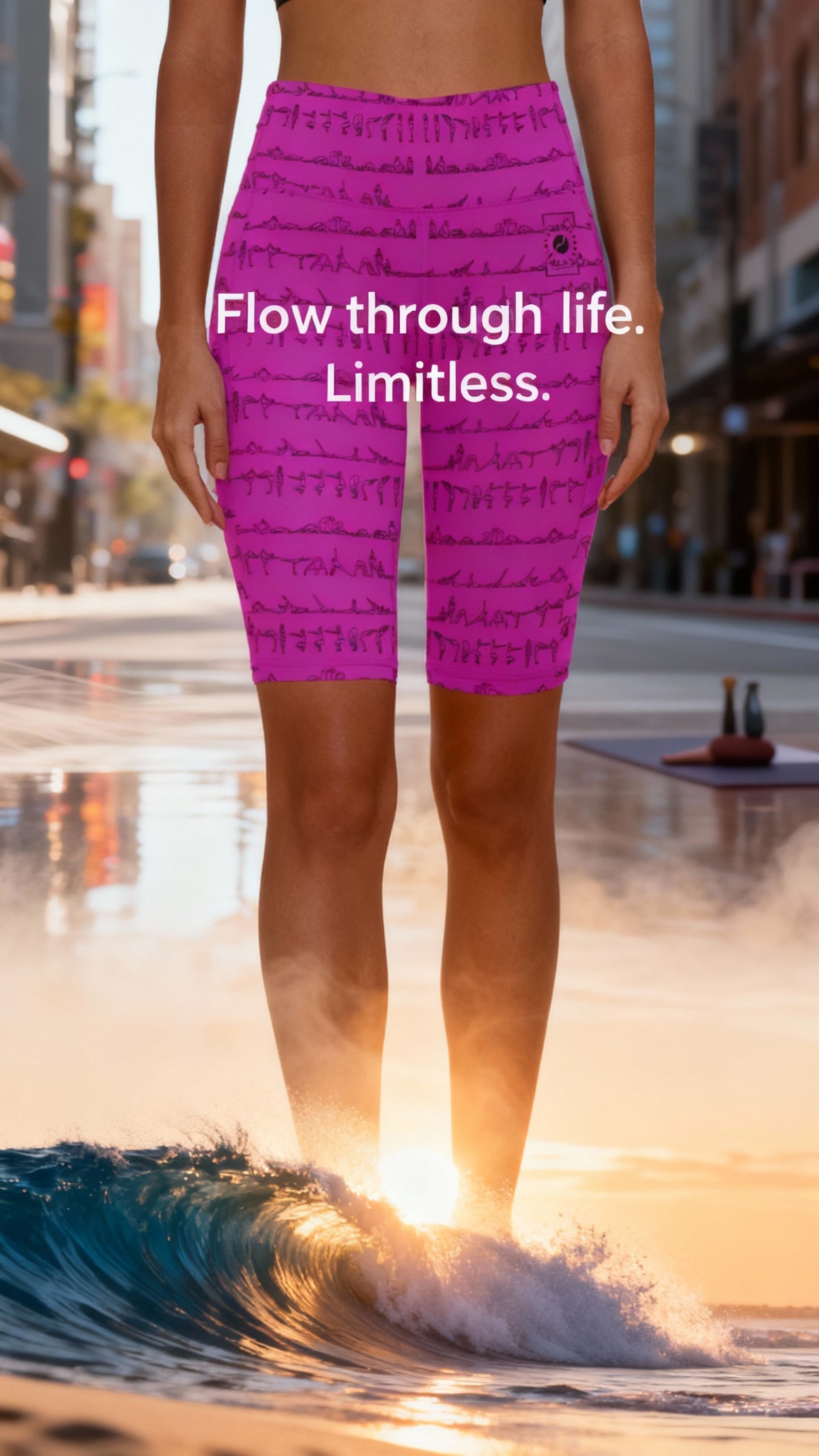 High-waisted pink biker shorts with a yoga posture print, showcased mid-thigh on a model in an urban setting.