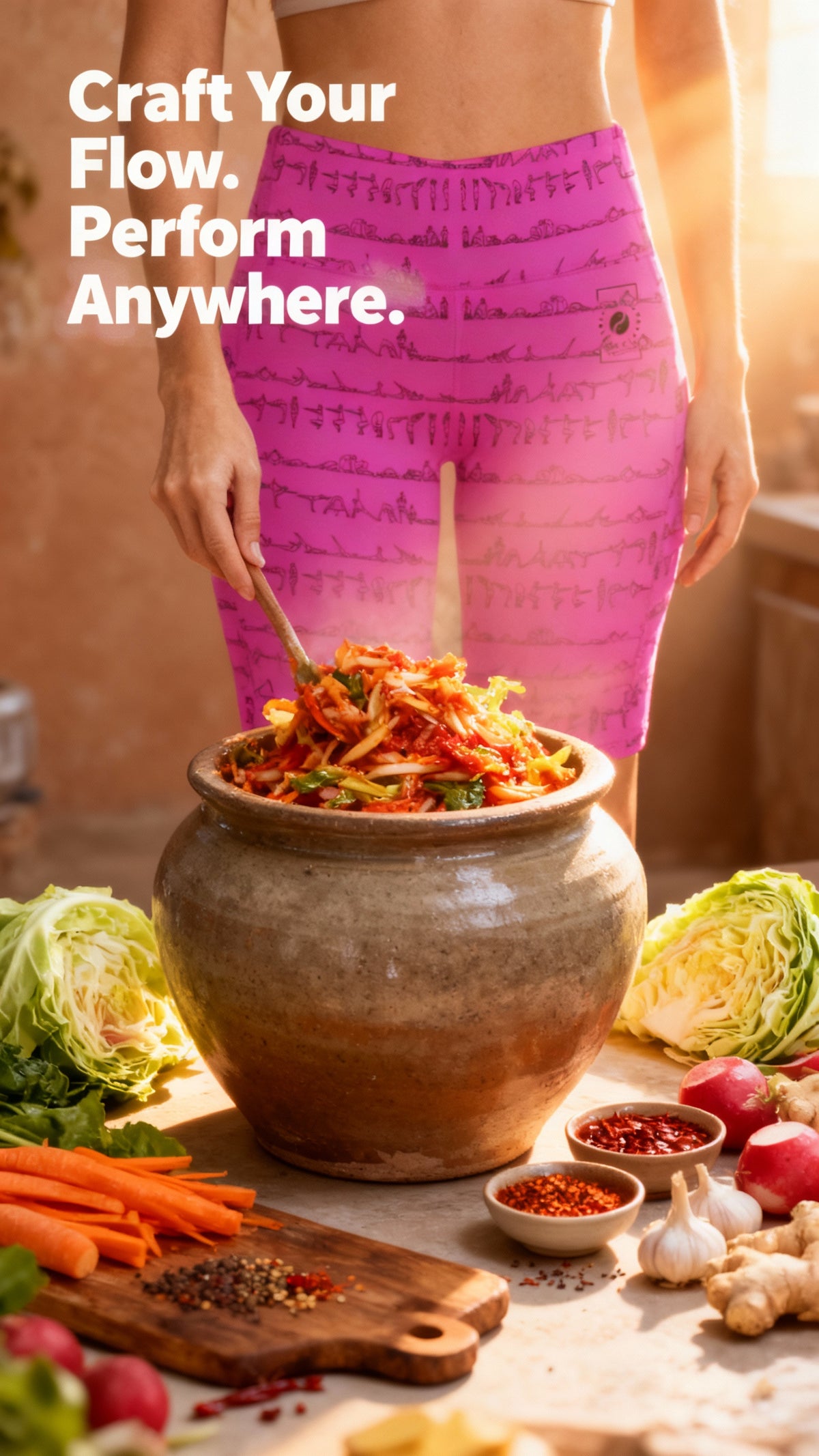 High-waisted, pink Bikram Series iSquared Maureen Shorts with yoga pose prints, worn while mixing vegetables in a bowl.