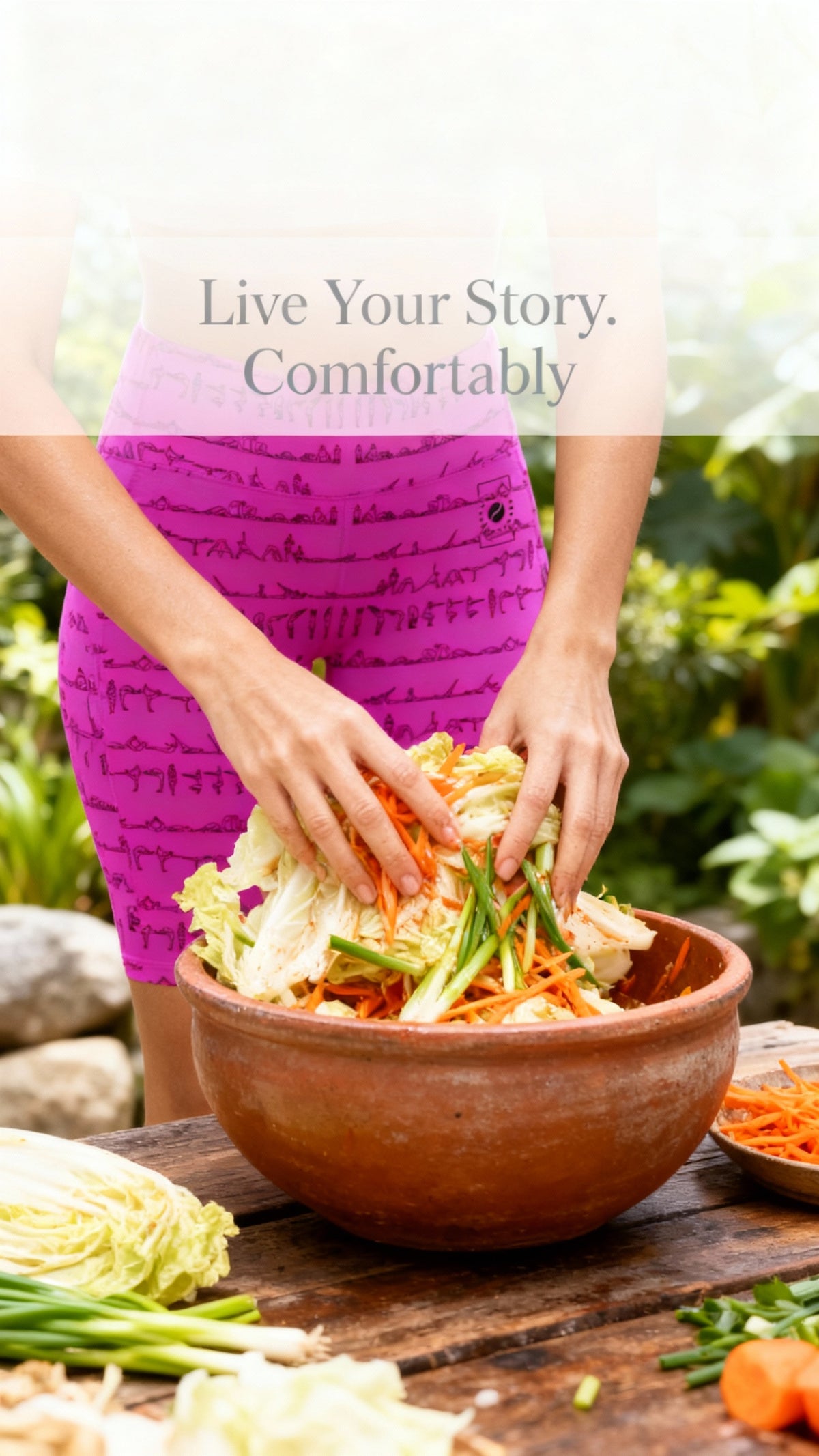 High-waisted pink bikram shorts with a yoga print, modeled by a person chopping vegetables in a bowl.