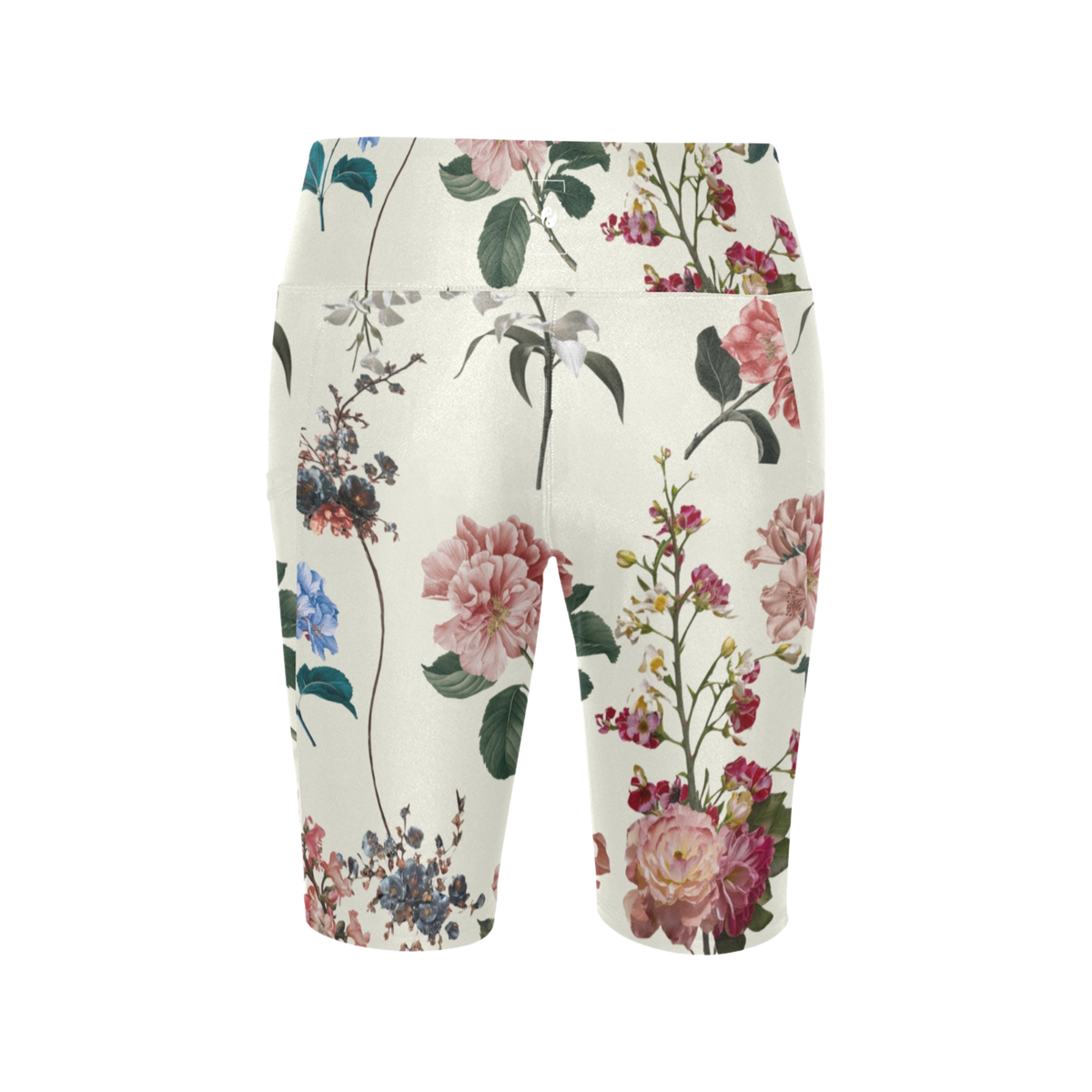 High-waisted biker shorts in a floral pattern featuring pink, blue, and green flowers on a cream background.