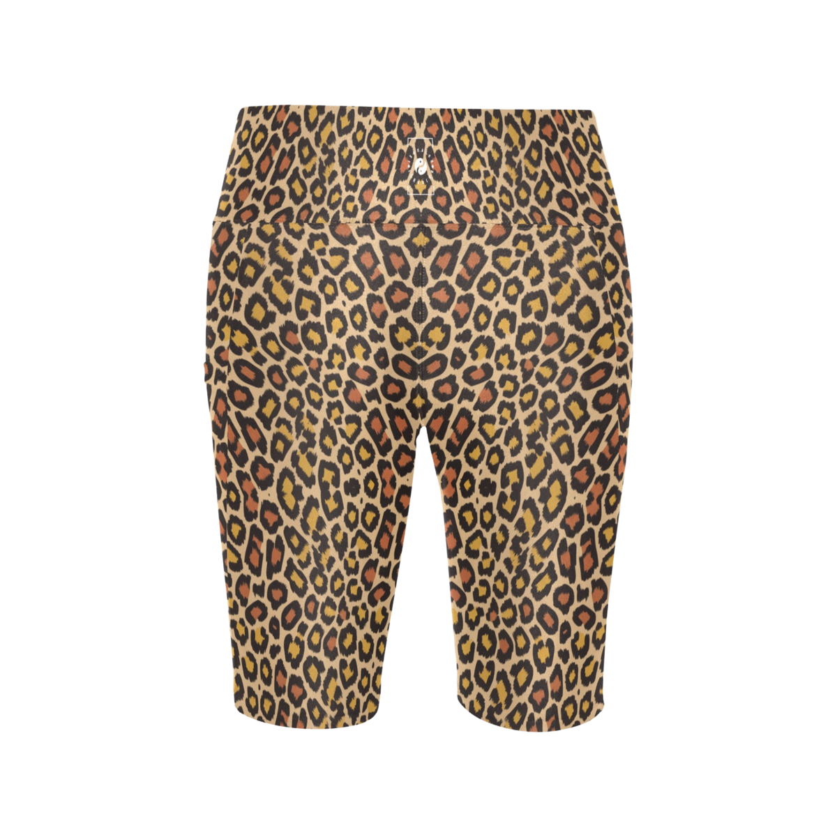 High-waisted biker shorts featuring a classic leopard print in golden and black with hints of orange.