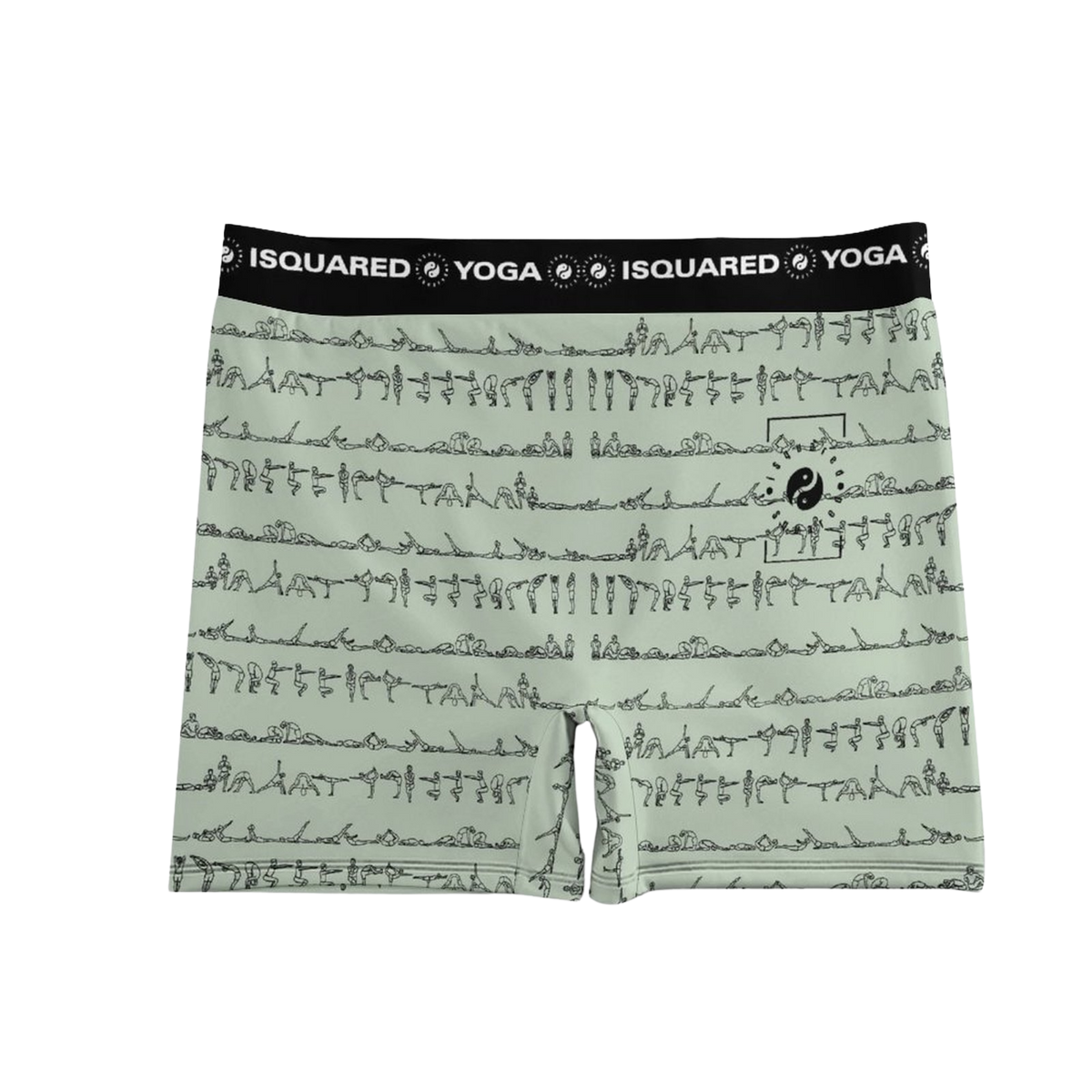 Bikram Pastel iSquared Yoga Shorts in subtle green featuring a black elastic waistband and printed yoga poses pattern.