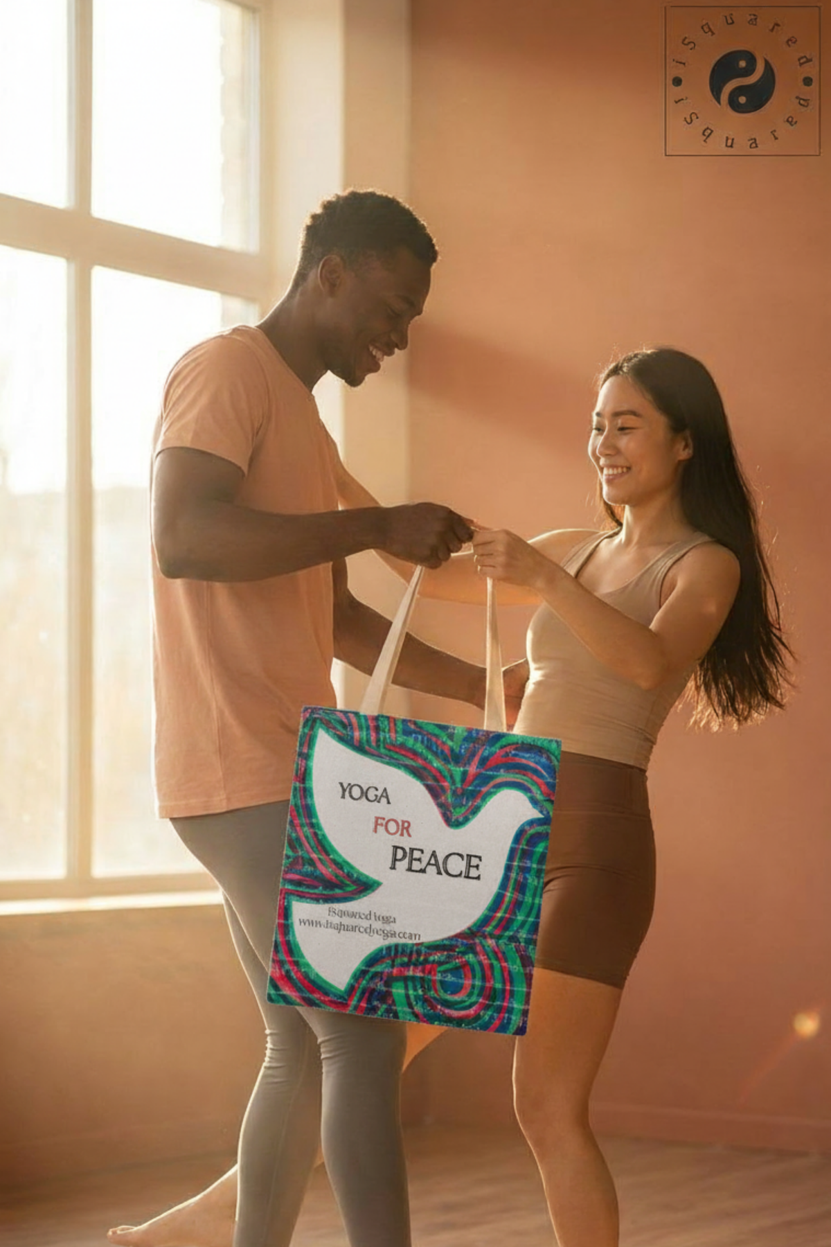 Yoga For Peace iSquared tote bag in 100% cotton canvas with double-sided peace print and shoulder straps