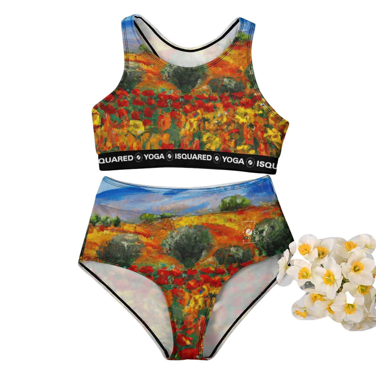 Vibrant hot yoga bikini set featuring a colorful floral print, with a sports bra and high-waisted bikini bottom.