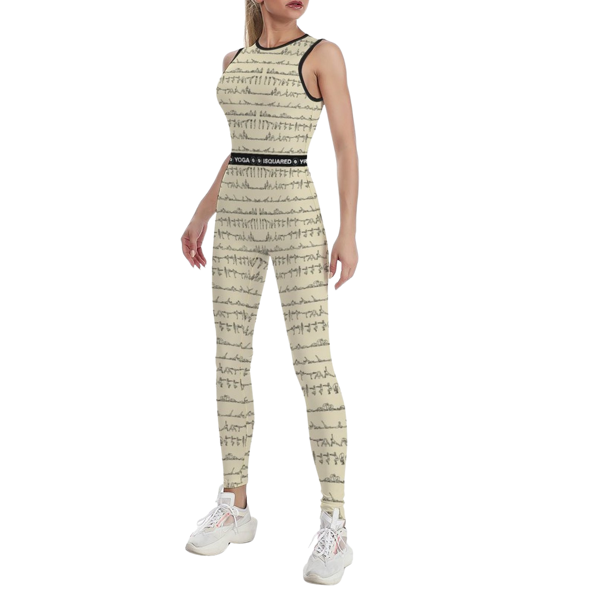 Sleeveless pastel jumpsuit featuring a subtle beige pattern, body-hugging fit, and paired with white sneakers.