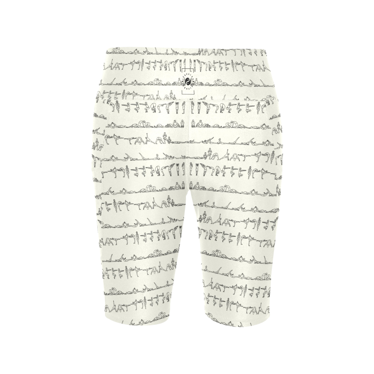 High-waisted white biker shorts featuring a Bikram yoga pose print, ideal for active comfort and movement.