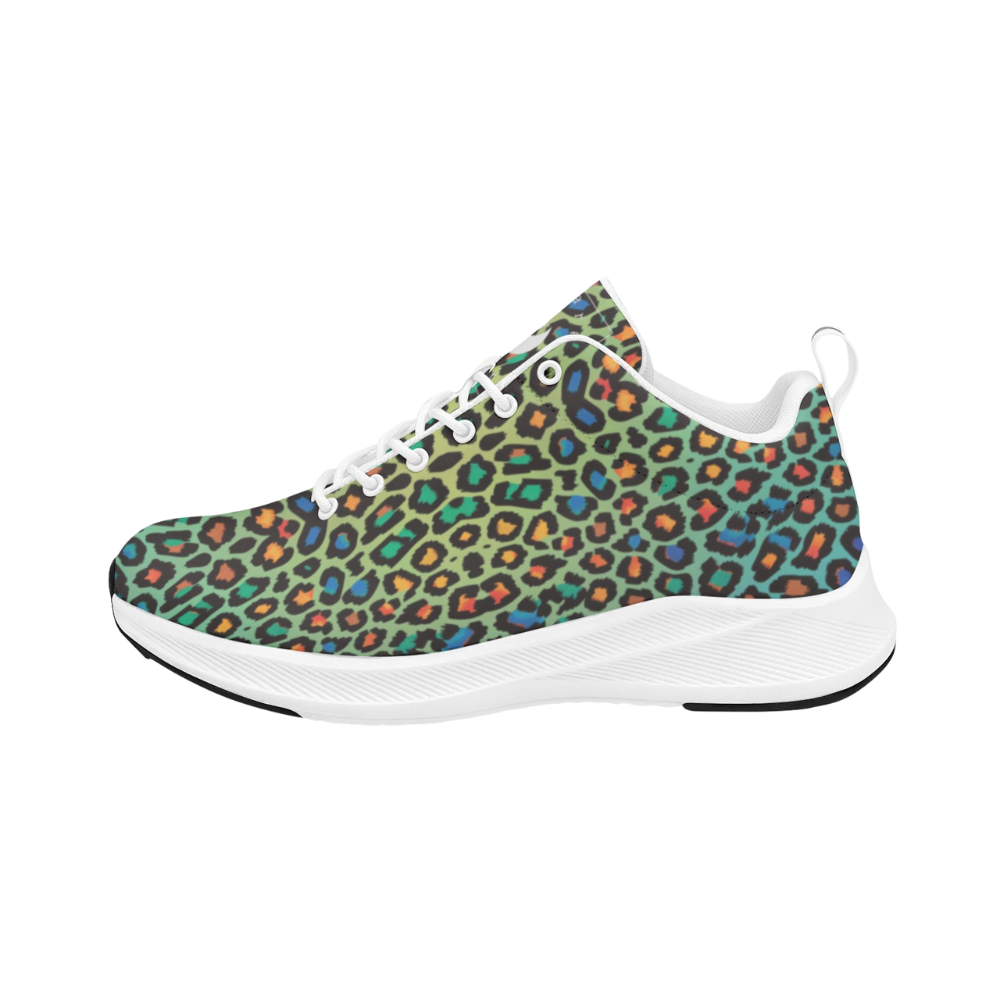 Colorful sneaker featuring a vibrant green base with bold leopard print in orange, blue, and black. Classic white sole.