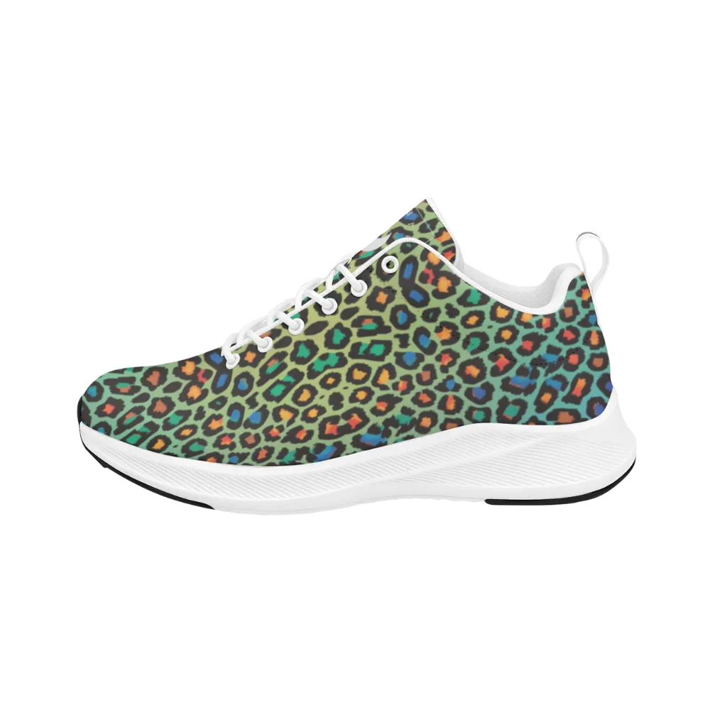 Colorful sneaker featuring a vibrant green base with bold leopard print in orange, blue, and black. Classic white sole.