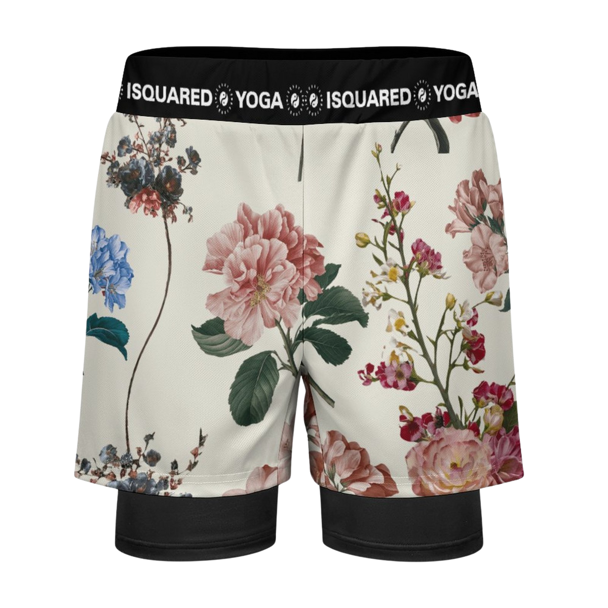 Compression yoga shorts with a floral pattern featuring pink, blue, and green hues, black inner layer, and elastic waistband.