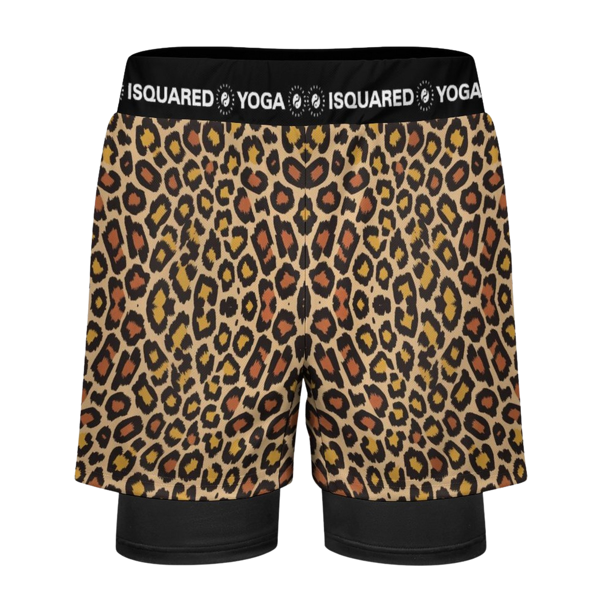 Compression yoga shorts in a vibrant leopard print design with gold and black spots, featuring an elastic waistband.