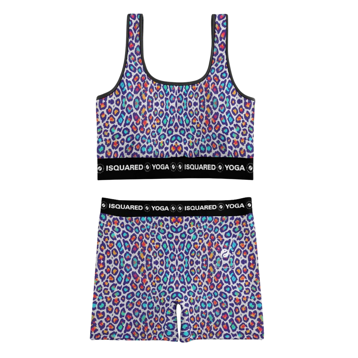 Colorful Wild Leopards yoga set featuring a crop top and shorts with a vibrant leopard print in purple, blue, and orange.