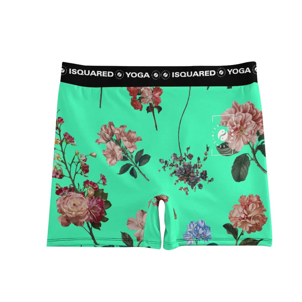 Botanicals iSquared Yoga Shorts in vibrant turquoise, featuring a floral print with pink and blue flowers, elastic waistband.