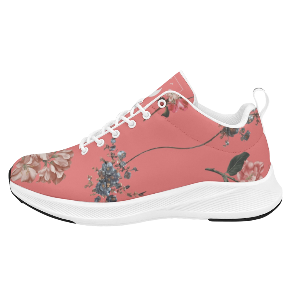 Botanicals - iSquared Women Runners in vibrant coral with floral design, featuring a breathable faux suede upper and white outsole.