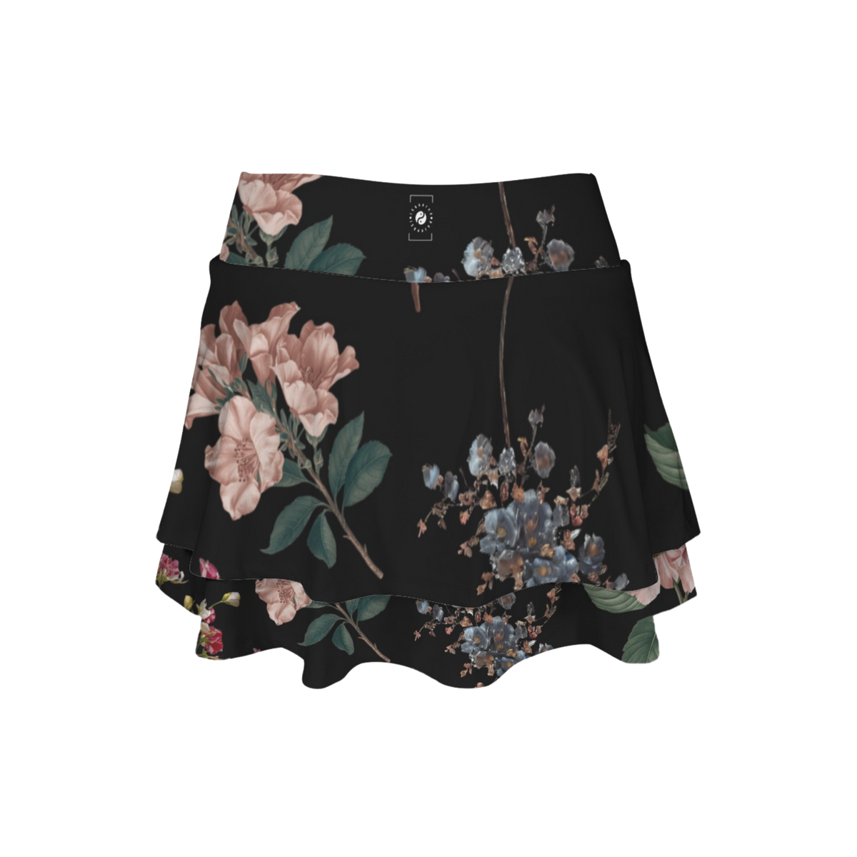 Botanicals iSquared Ruffle Skirt with high waist, layered ruffle hem, and built-in shorts in botanical print