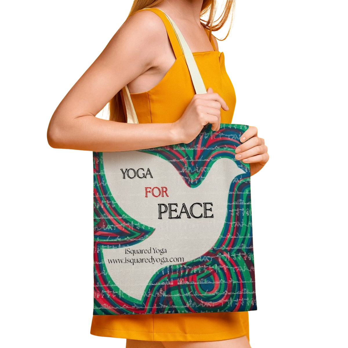 Yoga For Peace iSquared tote bag in 100% cotton canvas with double-sided peace print and shoulder straps
