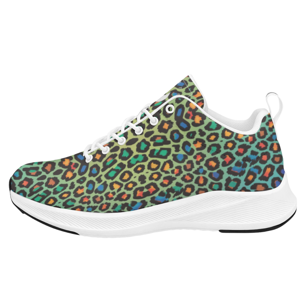 Colorful sneakers featuring a wild leopard print with vibrant greens, blues, and oranges on a white sole.