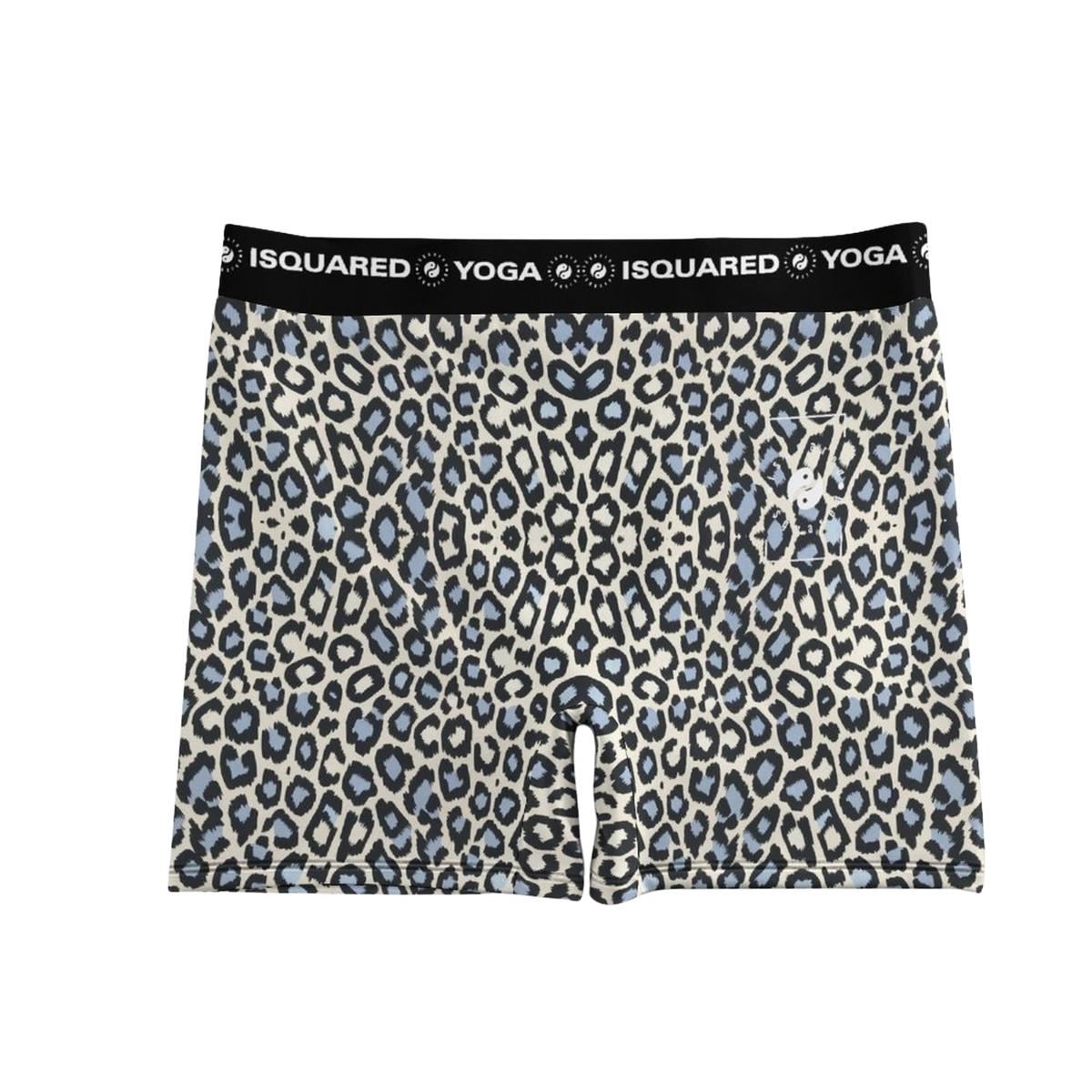 Wild Leopards iSquared Yoga Shorts feature a striking blue and black leopard print, crafted from soft polyester-spandex fabric with a black elastic waistband.