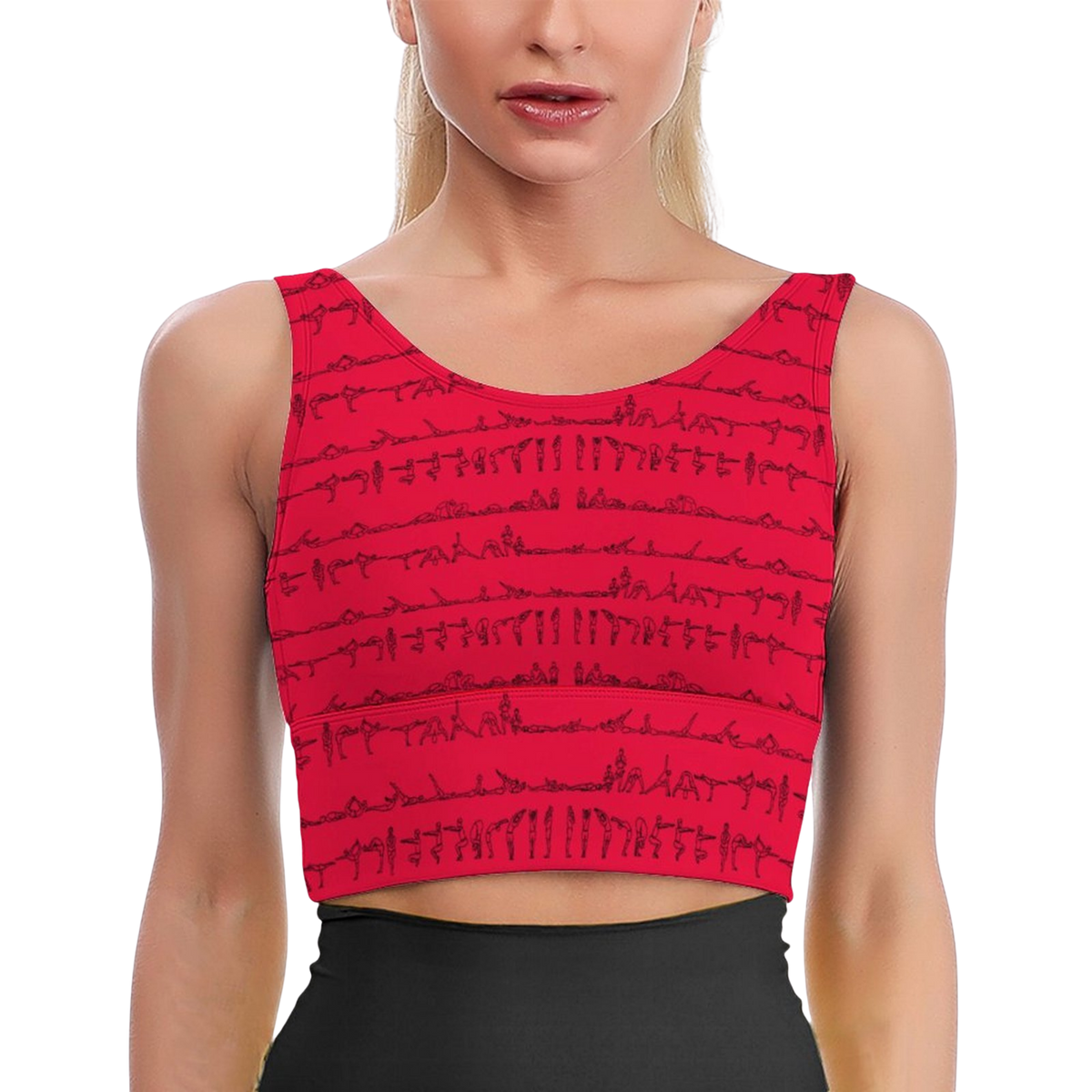 Bikram Series iSquared Crop Top with all-over yoga pose print, padded support, cropped fit, and U-back design