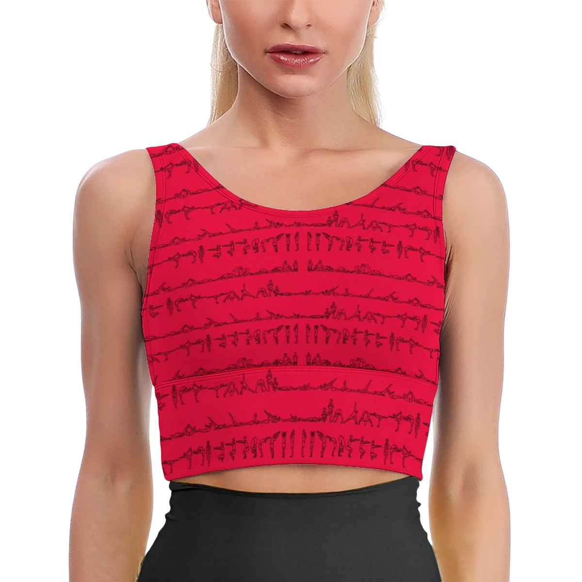 Bikram Series iSquared Crop Top with all-over yoga pose print, padded support, cropped fit, and U-back design