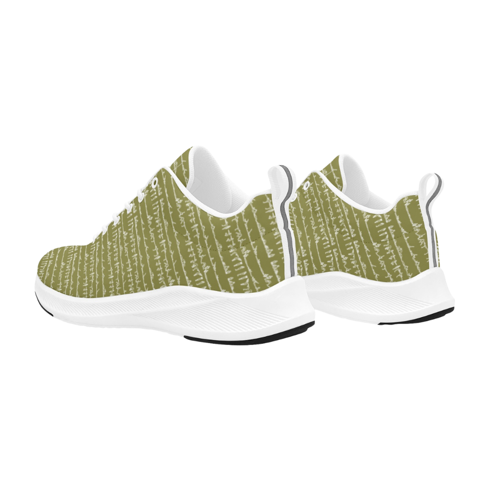 Bikram Ember men's runners feature a textured olive green upper with white accents and a sleek, modern silhouette.