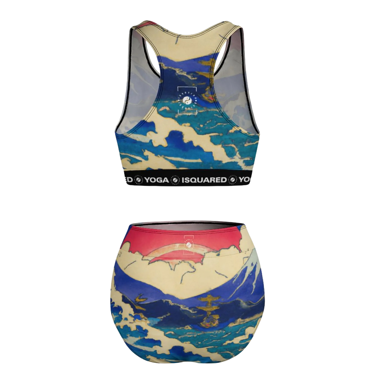 Hot Yoga Bikini Set featuring a vibrant wave pattern in blue, yellow, and red, with a racerback crop top and matching high-waisted bottoms.