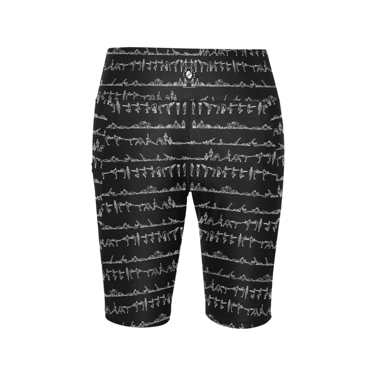 Bikram Ember iSquared Maureen Shorts featuring a black base with white yoga poses pattern, high-waisted biker length design.