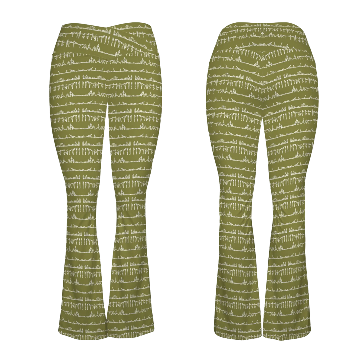 Flare leggings in olive green with a white abstract pattern, featuring a cross waisted design for a flattering fit.
