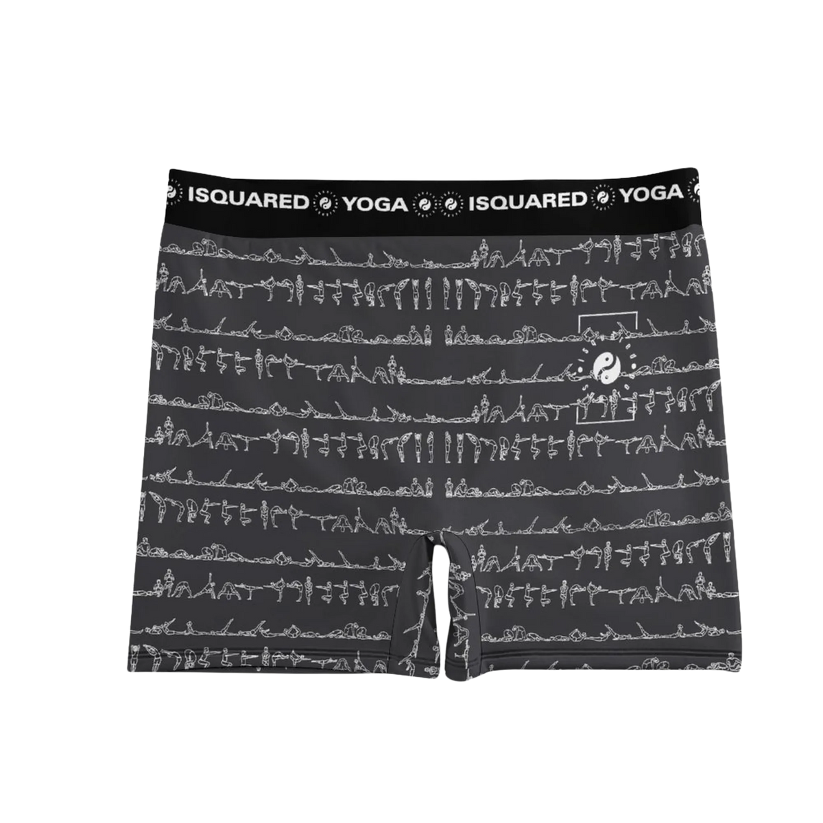 Black and gray Bikram Ember iSquared Yoga Shorts featuring white yoga posture graphics and a comfortable elastic waistband.